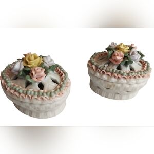 Vintage 2 Small Floral Ceramic Baskets with Lids - Storage, Trinkets, Sm Jewelry